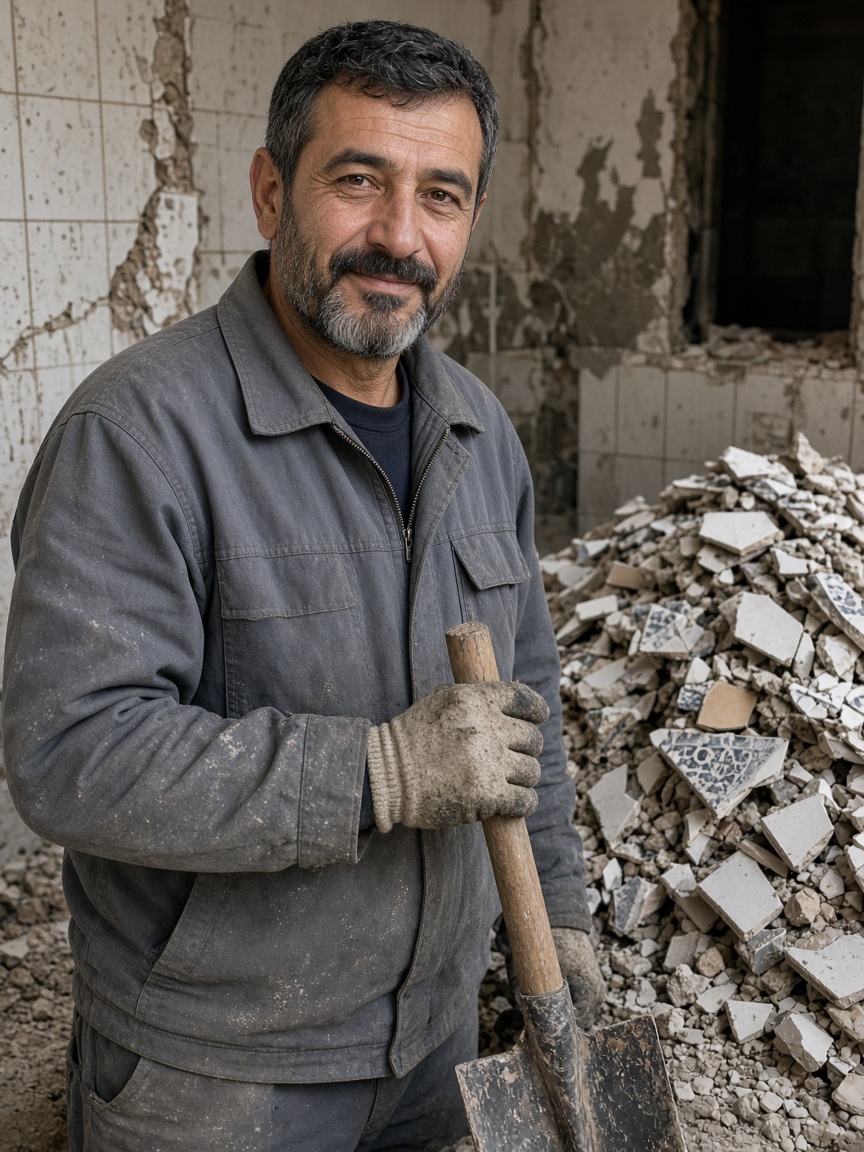 Kürek Moloz ekip başı elinde kürekle moloz yığınının başında